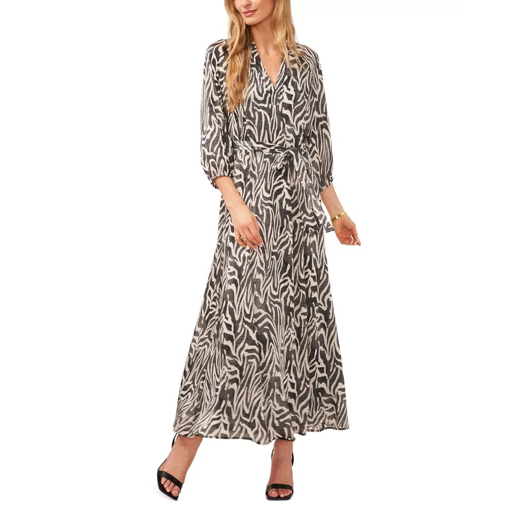 Vince Camuto Women's Satin Printed V-Neck 3/4 Sleeves Maxi Dress Ivory Black S